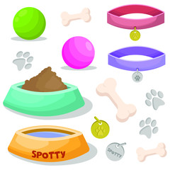 Pet Shop collection; dog stuff on white background; vector illustration for packaging, stickers, posters, banners, web design.