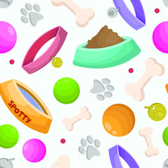 Pet Shop vector seamless pattern; pet stuff for fabric, wallpaper, wrapping paper, packaging, textile, web design.