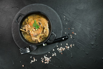 Stewed pork loin with mushrooms.