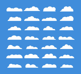 Cropped White Clouds. Set of Cropped White Clouds on blue background in the form of the sky. Flat. Vector illustration