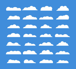 Cropped White Clouds. Set of Cropped White Clouds on blue background in the form of the sky. Flat. Vector illustration