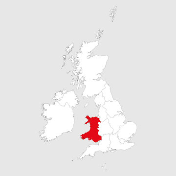 Wales map highlighted red on united kingdom map. Light gray background. Perfect for Business concepts, backgrounds, backdrop, chart, label, sticker, banner and wallpapers.