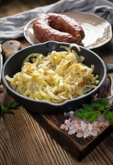 Fried onion in a cast iron skillet.
