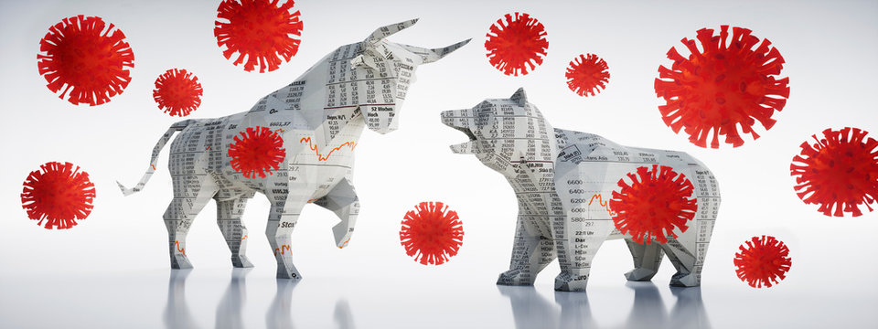 Bull and bear with corona virus - 3D illustration	