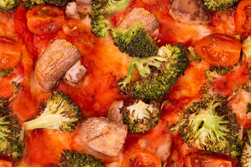 Pizza with veggie vegetables, macro, top view