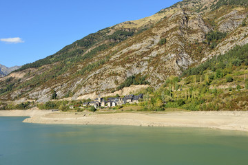 Bubal reservoir and Hoz de Jaca village, Huesca province, Aragon, Spain