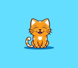 A little smiling cat, logo. Funny kitty cartoon character, logotype, badge, sticker, emblem on blue background isolated. Vector illustration, flat, line art style, creative design