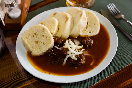 Czech knedliky with stewed beef