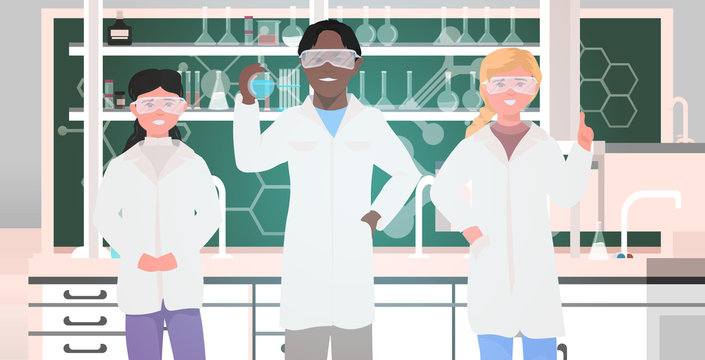 mix race pupils in uniform holding test tubes working in chemical laboratory modern science classroom interior horizontal portrait vector illustration