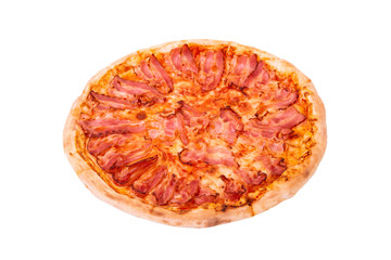 Pizza bacon, ingredient becon and mozarella, from an angle, isolated on white