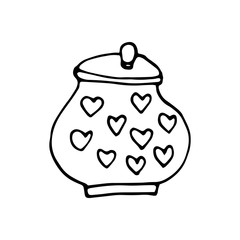 Single hand drawn element jar with heart for greeting cards, posters, stickers and seasonal design. Isolated on white background. Doodle vector illustration.