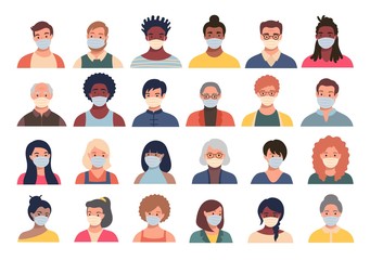 Set of persons, avatars, people heads of different ethnicity and age in protective masks. Men and women in flat style following recommendations for the prevention of coronavirus.