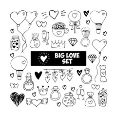 Big set doodle vector elements for valentine's day cards, posters, wrapping and design. Hand drawn heart, isolated on white backdrop. Geometric shape and symbol.