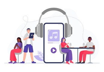 Podcasting. Multicultural team with headphones record podcasts. Men and women with smartphones listen to podcasts. Flat vector illustration.