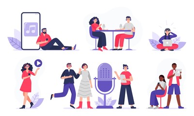 Podcasters and listeners with headphones, radio hosts recording podcasts. Men and women with smartphones studying, listen to podcasts. Flat vector characters isolated on white background.