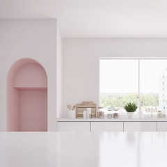 Modern white and pink kitchen interior with bar counter.Countertop with sink,set of kitchen equipment.3d rendering