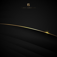 Abstract black stripe layer curved and gold bend line with lighting effect on dark background