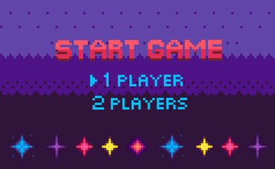 Start game, choose player, space pixel game in purple color decorated by stars, screen of war video-game with wye sign, shine element, adventure vector
