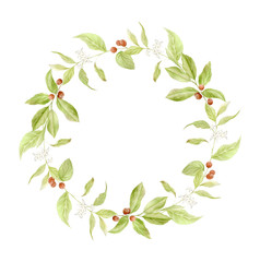 Watercolor frame coffee illustrations. Hand painted branches of coffee, red coffee beans, flowers