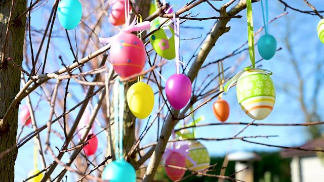 Baum ist mit Ostereiern zu Ostern bunt dekoriert