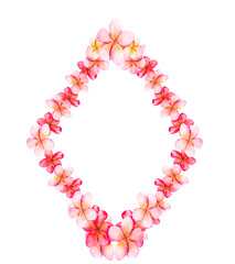 Rectangular frame in the shape of a rhombus with pink tropical flowers on a white background with space for text.