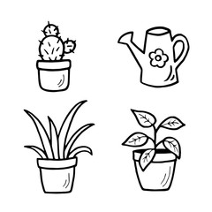 Hand-drawn flower pots and watering can, doodle, vector illustration