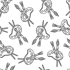 Seamless pattern with hand-drawn art palette with brushes, doodle, vector illustration