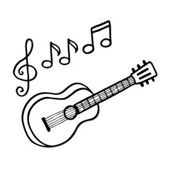 Hand-drawn guitar and sheet music, Doodle, vector illustration.