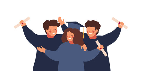 Happy graduated students wearing academic gown hold diplomas in their hands. Boys and girls celebrating university graduation. Flat cartoon vector illustration.