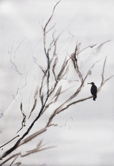 watercolor landscape, illustration of a bird on a tree