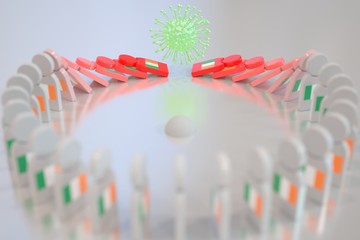 Virus topples dominoes with flag of the Republic of Ireland. Coronavirus spread related conceptual 3D rendering