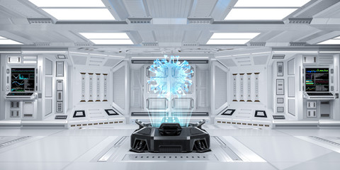 Futuristic Sci-Fi Hallway interior with Hologram Machine displaying Coronavirus or Covid-19, 3D Rendering © G3D Studio