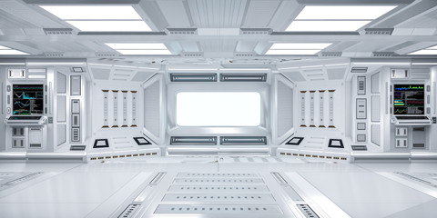 Futuristic Sci-Fi Hallway Interior with  Computer and Monitor Screen on Wall, 3D Rendering - 334710222
