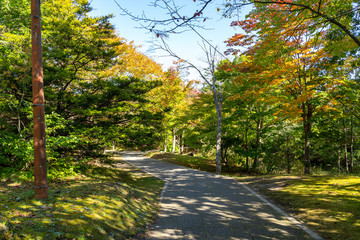 Onuma Quasi-National Park walking courses of Lake Onuma in sunny day. Oshima Subprefecture, Town Nanae, Hokkaido, Japan