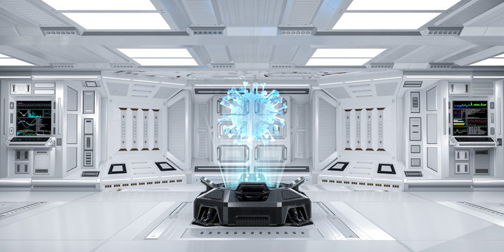 Futuristic Sci-Fi Hallway interior with Hologram Machine displaying Coronavirus or Covid-19, 3D Rendering