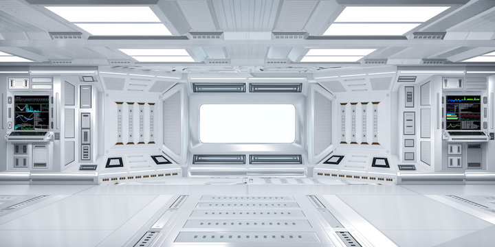Futuristic Sci-Fi Hallway Interior with  Computer and Monitor Screen on Wall, 3D Rendering
