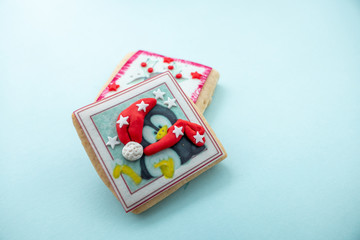 Homemade winter cookies with sweet creatures isolated on a Blue Background