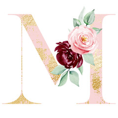 Letter M decorated watercolor painting flowers and leaf. Floral pink and gold monogram initials perfectly for wedding invitations, greeting card, logo, poster and other design. Holiday design.