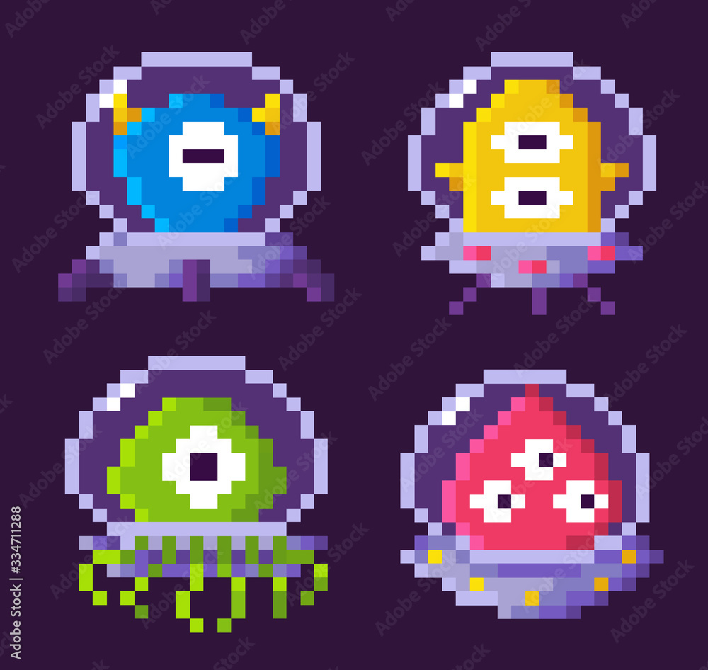 Poster pixel space game character vector, isolated aliens of different appearance floating in space, gamifi