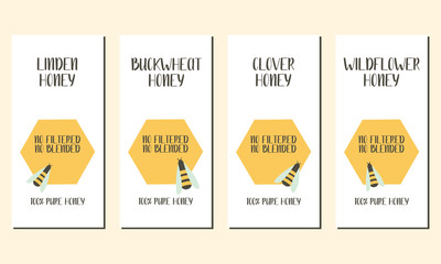 Set of flyers with bees, honeycombs (linden, buckwheat, clower, wildflower honey). Flat vector illustration. Perfect for logo, business cards, cafe menu, branding, food flyers, icon, packaging design