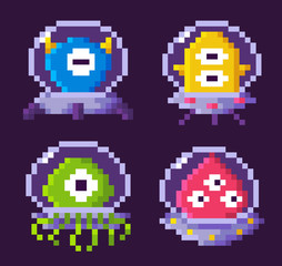 Pixel space game character vector, isolated aliens of different appearance floating in space, gamification of monsters, personage s in 8 bit graphics, pixelated cosmic monster for mobile app games