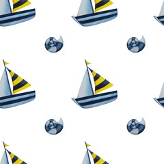 Seamless watercolor nautical pattern with cute boat and seyshells on white background