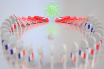 Virus topples dominoes with flag of France. Coronavirus spread related conceptual 3D rendering