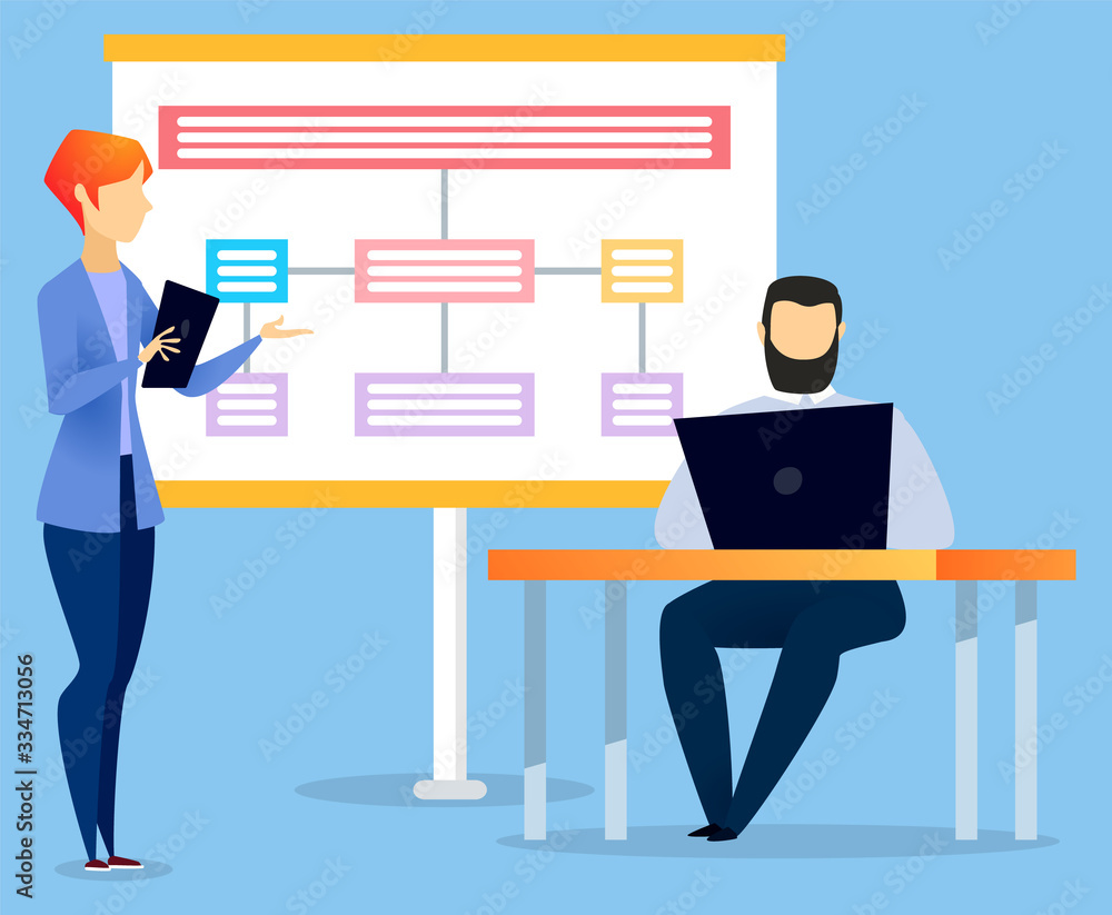 Poster manager explaining business schema to office worker on appointment. man sit on chair by table and wo