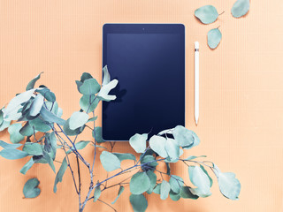 The concept of working on a tablet for illustrators, freelancers, home use. An electronic tablet, a...