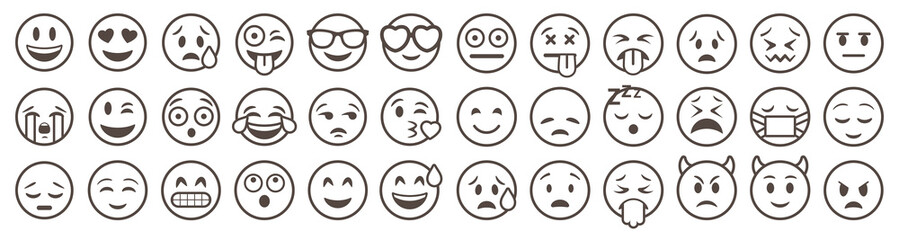 Emoticons set. Emoji faces collection. Emojis flat style. Happy and sad emoji. Line smiley face - stock vector - obrazy, fototapety, plakaty