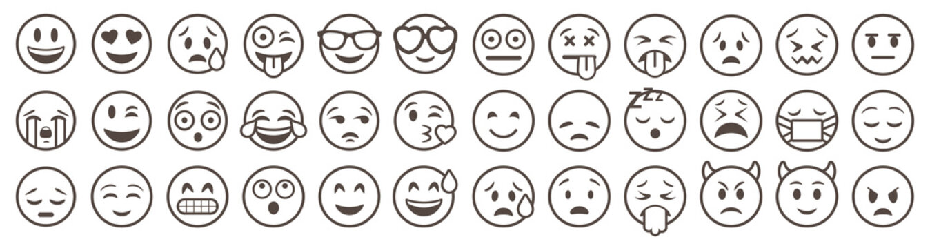 Naklejka Emoticons set. Emoji faces collection. Emojis flat style. Happy and sad emoji. Line smiley face - stock vector