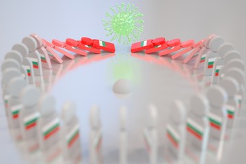 Virus topples dominoes with flag of Bulgaria. Coronavirus spread related conceptual 3D rendering