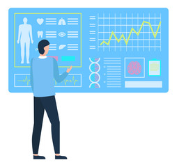 Fototapeta premium Assistent or doctor male standing near web board with report of complete diagnosis of body. Cardiogram icon on monitor, dna and brain, healthcare vector