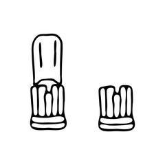 Set orthodontic toothbrush with recess. Personal hygiene products for cleaning external part dental braces. Vector isolated template flat doodle realistic drawing black outline white background icon.